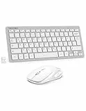 TECKNET Kabelloses Tastatur Maus Set, Deutsch QWERTZ Layout, 2.4 GHz Funk Mini Tastatur Mouse, 15m Reichweite Verbindung, Wireless Leise Funktastatur mit Maus für PC, Laptop, Smart TV, Silber