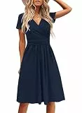 BDTECAOR Strandkleider Damen Sommer Knielang Wrap Elegant Kleid Kurzarm A Linie Festliches Kleid Damen Hochzeit Marineblau L