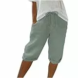 EMATOP Kurze Leinen Hose Damen Sommer Baumwolle Shorts Freizeit Einfarbig Strandhose Bequeme Elegant Stoffhose Lässige Outdoor Musselin Hosen mit Taschen Caprihose Leicht Lustig Freizeithose