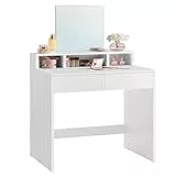 VASAGLE Schminktisch mit großem Spiegel, Frisiertisch, 2 Schubladen, 3 offene Fächer, Kosmetiktisch, modern, weiß RDT103W01