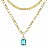 Mesovor Goldene Geschichtet Ketten Halsketten mit Anhänger Kristall, 18 Karat Vergoldete Figaro und Schlangenkette Halsband Halskette für Frauen Mädchen Schmuck Geschenke (Blau)