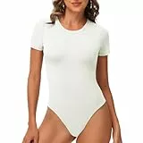 TNNZEET Body Damen T-shirts Bodysuit Kurzarm Elegantes Rundhals Sommer Kurzarmbody Tops Sexy Für Sportbody(Weiß,S)