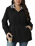 Geschallino Women's Casual Wendemantel Große Größen Floral Print Windbreaker Lightweight Jacke mit Kapuze 6132APLUS Schwarz XXL