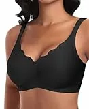 Damen Nahtloser BH Ohne Bügel Tiefem V-Ausschnitt gewellte Ränder Push Up BH Bralette Soft Bequem BHs Bügellos Bustier (Schwarz-Vordere Welle, M)