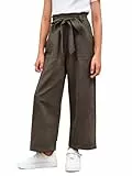 Haloumoning Mädchen Weite Hose Palazzo Hohe Taille Mode Bootcut Elastische Paperbag Freizeithose mit Gürtel, Kaffee, 12-14 Jahre