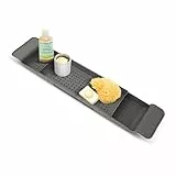 ARATERVIO Verstellbares Badewannen-Tablett 56–78 cm – Teleskop Badewannenablage mit Ablauföffnungen, erweiterbarer Badewannen-Organizer für Wein, Bücher, Tablets, Handy & Kerzen (Schwarz)
