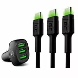 Green Cell® GC PowerRide 54 W KFZ-Ladegerät USB 3 Ports, Zigarettenanzünder, Ultra Charge kompatibel mit iPhone Samsung Galaxy Xiaomi + 3 x 1,2 m USB C Kabel Typ C Nylon Ladegerät Kabel