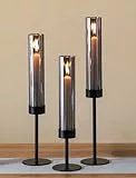 Sziqiqi Kerzenständer Stabkerzen Schwarz mit Rauchglas: 3er Kerzenhalter Stabkerze Metall mit Windlicht Glas Schwarz für Tischdeko - Modern Stabkerzenhalter für Outdoor Weihnachten Wohnzimmer
