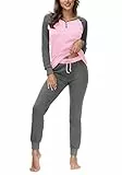 DOTIN Damen Schlafanzug Baumwolle Lange Pyjama Set V-Ausschnitt Nachtwäsche Hausanzug Zweiteiliger Sleepwear Loungewear, Grau+Pink, L