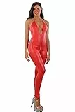 MISS NOIR 18235 Damen Rückenfreier Overall im Wetlook – Sexy Jumpsuit mit 4-Wege-Reißverschluss Playsuit Clubwear (Rot (18235-rd), XXL)