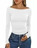 Aottori Langarmshirt Damen mit U-Boot-Ausschnitt Gerippt Elegant Stretch Oberteile Slim Fit Pullover T-Shirt Einfarbig Basic Top Weiß M