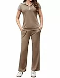 Aottori Jogginganzug Damen Set Zweiteiler Sommer Outfits Hausanzug Tracksuit Kurzarm 2 teiler Freizeitanzug Trainingsanzug Sport Lounge Set Elegant Loungewear Homewear Braun S