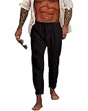 NANAMEEI Leinenhose Herren Sommer Slim Fit Lang Baggy Strandhose Yoga Freizeithose Schwarz XL