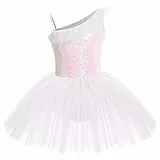 IWEMEK Kinder Ballettkleidung Mädchen Ballettkleid Ärmellos Rüsche Pailletten Balletttrikot Ballettanzug Tanzkleid Tanzbody mit Tütü Rock Ballettrock Gymnastik Tanzbekleidung Weiß 9-10 Jahre