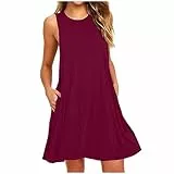 EMATOP Damen Kleider Elegant Kurzer Shirtkleid Ärmellos Lässiges Sommerkleid Knielang Minikleid Baumwolle Einfarbig Strandkleid Bequem Leicht Freizeitkleid mit Taschen T-Shirt A Linie Kleid