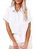 Friptspyg Bluse Damen Blusen & Tuniken Lässiges Kurzarm Hemdbluse Sommer V-Ausschnitt 100% Baumwolle Solide Blusenshirt Elegant Oberteile mit Tasche, Weiß S