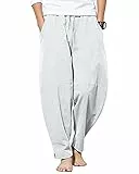 YAOBAOLE Herren Hosen Baumwoll Leinenhose Sommer Strandhose Kordelzug Yoga Hose Herren Hellgrau L