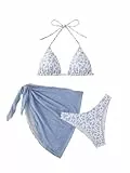 GORGLITTER Damen Bikini Set 3 Teiliger Bikini-Sets mit Blumenmuster Neckholder Badeanzug mit Cover Up Rock Swimsuit Set Blau M