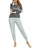 Enjoyoself Schlafanzug Damen Lang Pyjama Baumwolle Zweiteiler Nachtwäsche mit Lustig Muster V Ausschnitt Langarmshirt +Pyjamahose Dunkelgrau,L