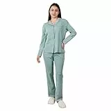 OCCIENTEC Damen Schlafanzug Lang mit Knopfleiste Bequeme Baumwolle Zweiteiliger Pyjama Damen Set Einfarbige Langarm Winter Weich Hausanzug Pjs Set für Frauen Grün,L