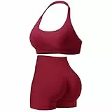 Nahtlose Fitness-Trainings-Sets für Damen, 2-teilig, rückenfrei, Sport-BHs, versteckte Scrunch-Shorts, Yoga-Outfits, Workout-Trainingsanzüge, burgunderrot, 38