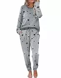 Ekouaer Damen Schlafanzug Star Pyjama Set Rundhals Schlafanzüge Winter Pyjama weich Lounge Set Zweiteiliger Hausanzug Loungewear,Grau-Schwarz,M