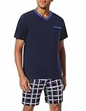Litherday Schlafanzug Herren Kurz Sommer Baumwolle Pyjamas Set V-Ausschnitt T-Shirt mit Tasche Kariert Pyjamahose Zweiteilig Set Nachtwäsche für Männer