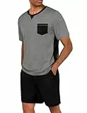 Marvmys Schlafanzug Herren Kurzarm Baumwolle Sommer PyjamaSet V-Ausschnitt Shorts