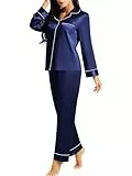 Damen Seide Schlafanzug Pyjama Blau Large