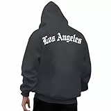 KOG Los Angeles Hoodie Herren Backprint Kapuzenpullover Grafik Drucken Sweatshirt mit Kapuze Freizeit Oberteile Männer Hoodies Warm Warme Junge Locker Pullover Baumwolle Streetwear Dunkelgrau XL