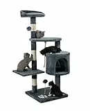 lionto Kratzbaum für Katzen mit 2 Plüschbällen & Spielseil, Höhe 112 cm, Katzenbaum mit Sisalseil & Plüsch, gemütliche Liegefläche & Höhle, inkl. Wandhalterung, für kleine & große Katzen, grau