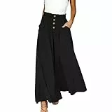KODMNSW Palazzo Hose Damen Elegante Sommerhose Weites Bein Hosen Leichte Locker Stoffhose Baggy Freizeithose mit Taschen Knopf Elastischer Bund Hosenrock Lässige Damenhose Schwarz L