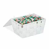 Relaxdays Aufbewahrungskorb mit Deckel, Flechtoptik, Bad Organizer HxBxT: 10,5 x 19,5 x 14,5 cm, Kunststoff, weiß