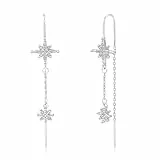 Sterling Silber 925 Ohrringe Hängend Damen, Lange Quasten Tropfen Baumelnde Einfädler Ohrringen Silber Hängend Blitze Glänzer Ohrring mit Zirkonia Sterne Mond Stein Lang Einfädler Ohrringe Boho