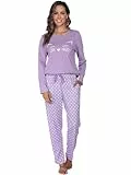 Reliwel Schlafanzug Damen Lang Baumwolle Pyjama Set Zweiteiliger Rundhals Oberteil und Schlafanzughose Süßer Katzendruck Sleepewear Herbst Winter Hausanzug Freizeitanzug A#Lila, M