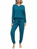 Bresdk Schlafanzug Damen Pyjama Lang Baumwolle Hausanzug Kuschelig Lounge Set Hellblau M