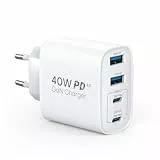 TOPADRE USB C Ladegerät, 40W 4-Port Mehrfach Stecker mit USB-C und USB-A, PD3.0 Schnellladegerät USB C Netzteil Power Adapter für iPhone 17 16 15 14 13 12 11 Pro Max iPad, Galaxy,Pixel,Handys