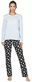 Bellivalini Damen Schlafanzug lang Pyjama Langarm Lange Hose Rundhalsausschnitt Muster Sterne bunt BLV50-167(Blau Graphite Sterne, L)