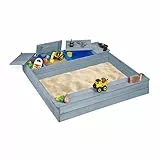 Relaxdays Sandkasten mit Matschküche, 2 Matschbecken, Sitzbank, Staufach, HBT 18x120x125 cm, Sandkiste, Tannenholz, grau