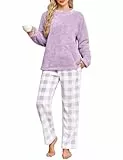 UMIPUBO Schlafanzug Damen Lang Winter Pyjama Set Thermo Hausanzug Kuschelig Fleece Schlafanzüge Flauschig Pijamas Flanell Warmer PjS Nachtwäsche mit Taschen Frottee Zweiteiler (Lila, XL)