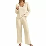 Dwevkeful Hausanzug Damen Gerippt Lounge Set Winter Strick Loungewear Set Elegant Einfarbig Jogginganzug Zweiteiler Strickanzug V-Ausschnitt Homewear Weite Hosen mit Taschen Nachtwäsche Hauskleidung