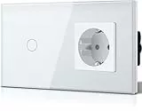 BSEED Touch Lichtschalter mit Steckdose aus Glas, Modern Steckdosen Unterputz, Wandschalter mit LED Hinterlicht (Kein Neutralleiter erforderlich), Kein WLAN, 157mm 1 Fach 1 Weg Weiß