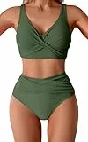 Ocean Plus Damen Bikini-Set Rückenfrei mit Blumenmuster Rückenschnürung Bikini mit Hoher Taille (L (EU 36-38), Olivgrün)