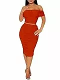 HESUUIO Sexy zweiteiliges Damenrock-Set, Sommer, Netzstoff, schulterfrei, figurbetont, gerüscht, Midi-Cocktail-Party, Nachtkleid, Club-Outfit, Orange, rot, Groß
