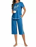 Terecey Schlafanzug Damen Kurzarm Pyjama Set Baumwolle Nachtwäsche Pyjamahose Rundhalsausschnitt Drucken Sleepwear 3/4 Lang Schlafhose Sommer Hausanzug Freizeitanzug, Azurblau L