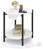 IRONCK Beistelltisch rund, Couchtisch mit Steckdose, Kleiner Tisch Holz, Wohnzimmertisch 2 Ablagen,Sofatisch,USB & Type-C-Anschluss, Metallrahmen, Nachttisch für Schlafzimmer (Weiß, 1 Stück)
