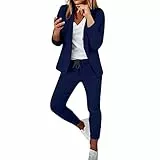 EMATOP Damen Anzug Elegant 2 Teilig Hosenanzug Langarm Business Anzug Set Zweiteiler Einfarbig Blazer Hose Lange Festlich Hosenanzüge Sportlich Slimfit Streetwear Frauen Baumwolle Freizeitanzug