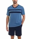 Nieery Schlafanzug Herren kurz Baumwolle Sommer Pyjama Set Kurzarm V-Ausschnitt T-Shirt und Shorty Schlafanzughose