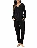 Clearlove Schlafanzug Damen Lang Zweiteiliger Nachtwäsche Langarm Pyjama Set Frauen Hausanzug Loungewear mit Taschen A-Schwarz XXL