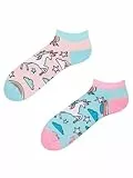 Dedoles Sneaker Socken Low Cut Füßlinge Unisex Damen Herren Baumwolle lustiges Design Geschenk links rechts verschieden, Farbe Rosa, Motiv Regenbogen-Einhorn Knöchelsocken, Gr. 39-42